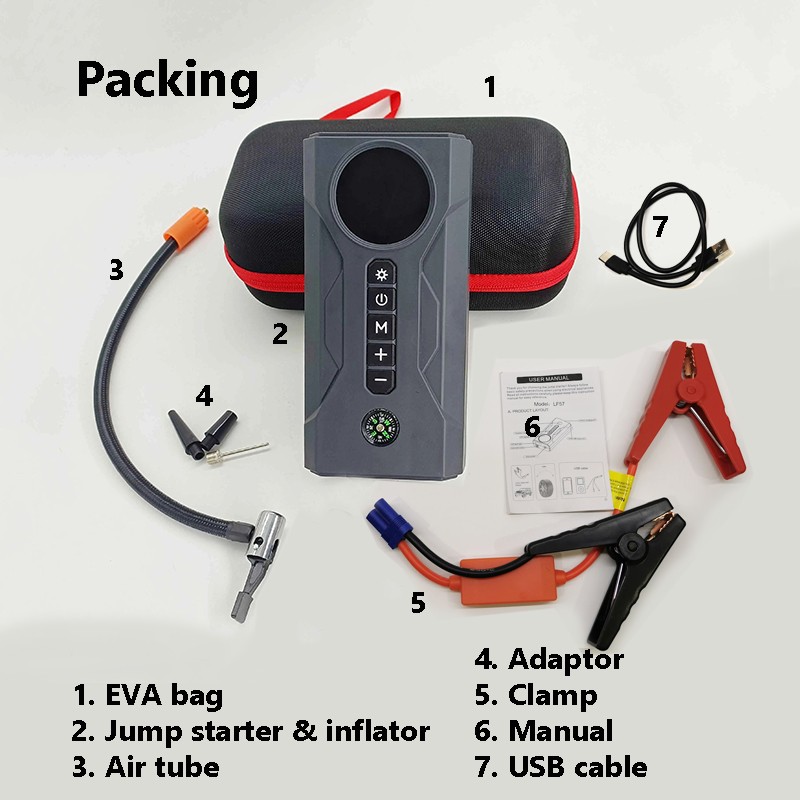 4-in-1 Car Power Bank Jump Starter 16000mah Charger Lithium Battery Pack Portable  Battery Booster Tyre Air Pump Inflator